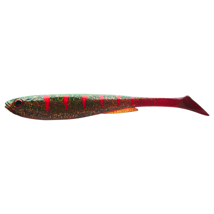 Daiwa Prorex Slim Shad Y 7.5cm Jigi Motoroil sivulta, pää vasemmalla