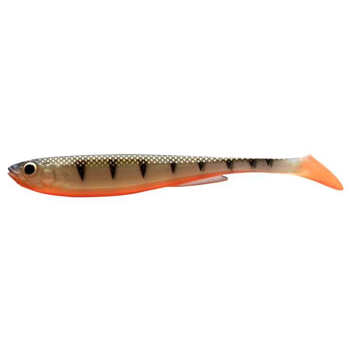Daiwa Prorex Slim Shad Y 7.5cm Jigi Natural Perch sivulta, pää vasemmalla