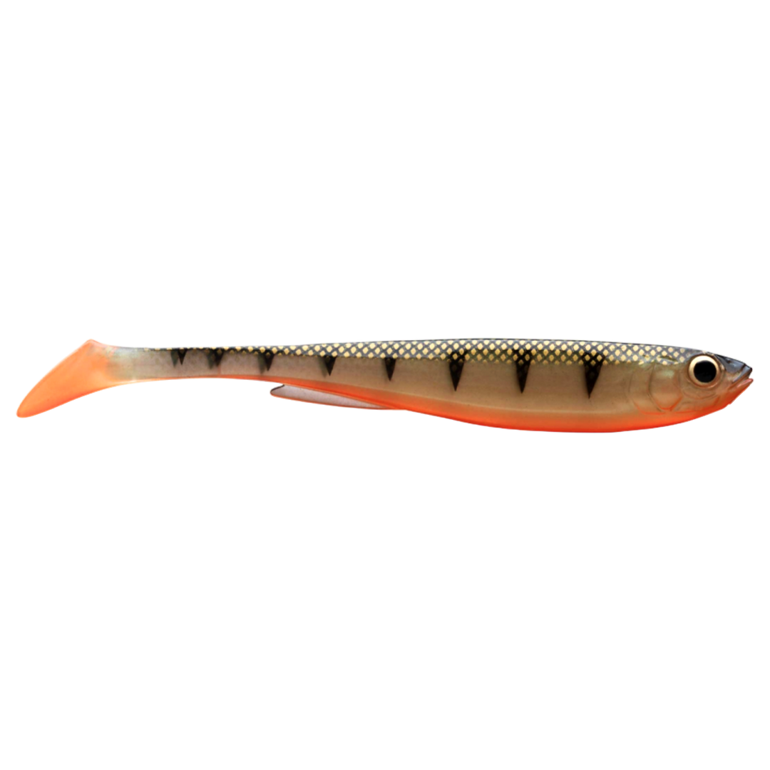 Daiwa Prorex Slim Shad Y 7.5cm Jigi Natural Perch sivulta, pää oikealla