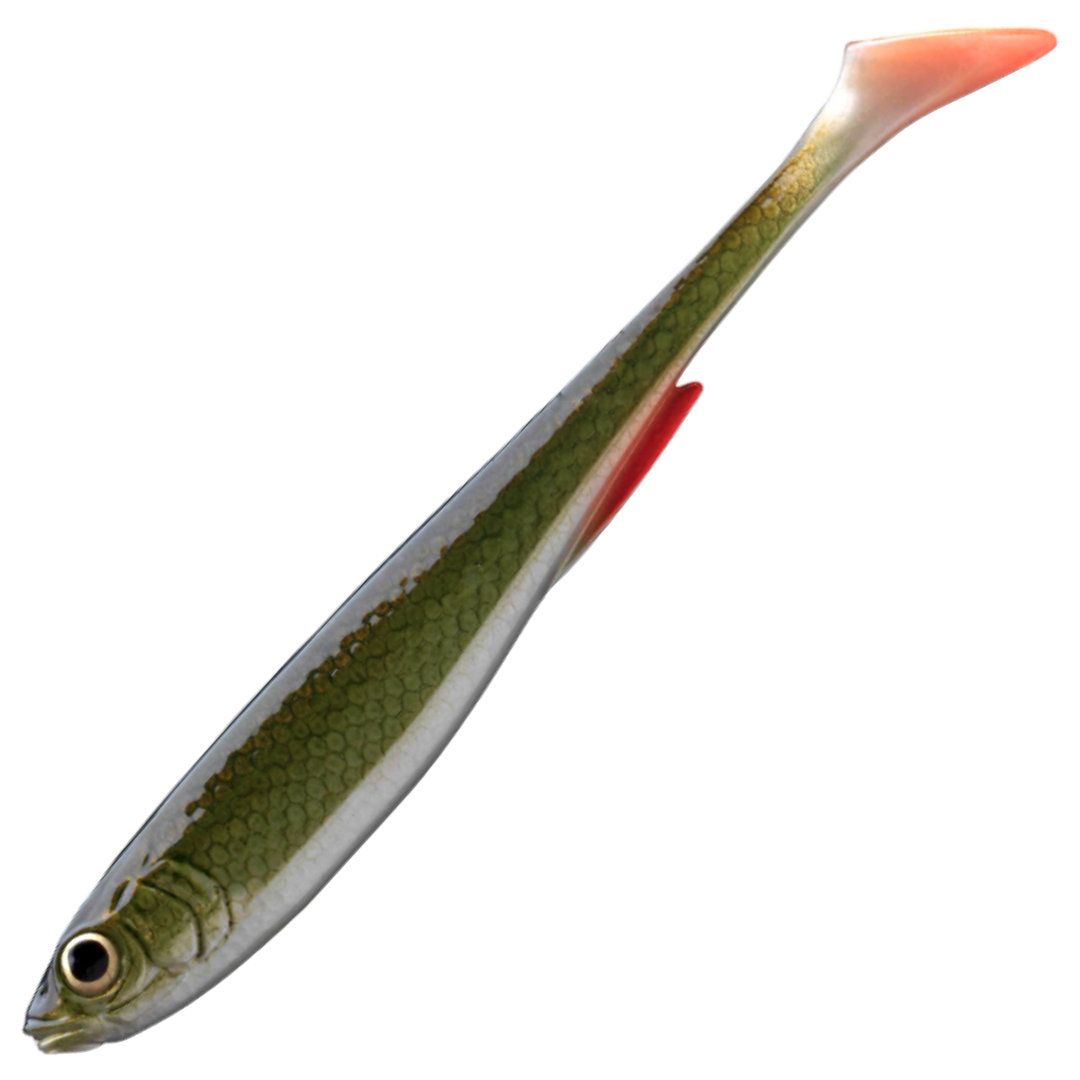 Daiwa Prorex Slim Shad Y 7.5cm Jigi, väri Natural Roach: oliivinvihreä selkä, hopeinen kylki ja punaiset evät