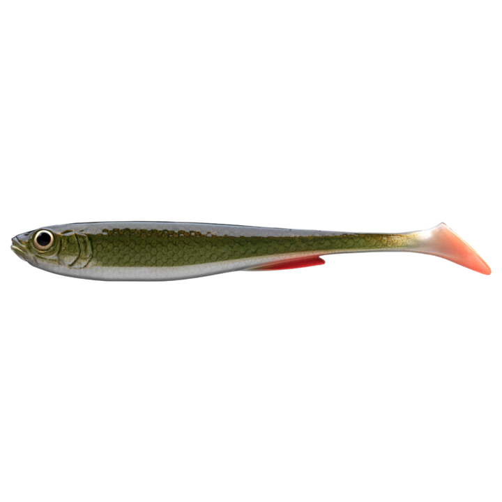 Daiwa Prorex Slim Shad Y 7.5cm Jigi Natural Roach sivulta, pää vasemmalla