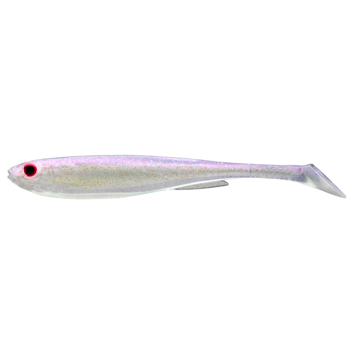 Daiwa Prorex Slim Shad Y 7.5cm Jigi White Ghost sivulta, pää vasemmalla