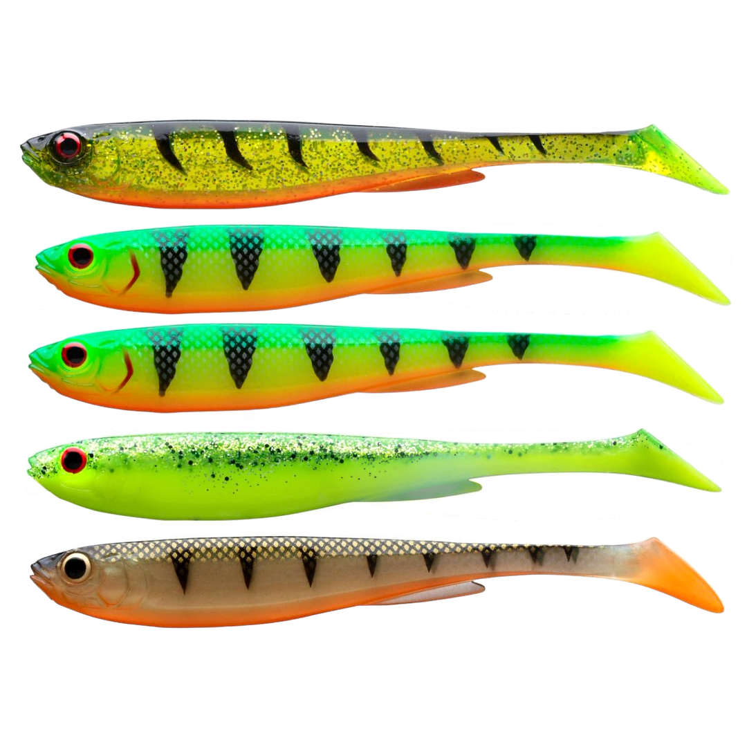 Daiwa Prorex Slim Shad Y 7.5cm Jigi, Flash Color Set: viisi eriväristä viehettä sivulta, pää vasemmalla