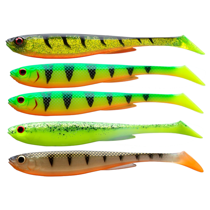 Daiwa Prorex Slim Shad Y 7.5cm Jigi, Flash Color Set: viisi eriväristä viehettä sivulta, pää vasemmalla