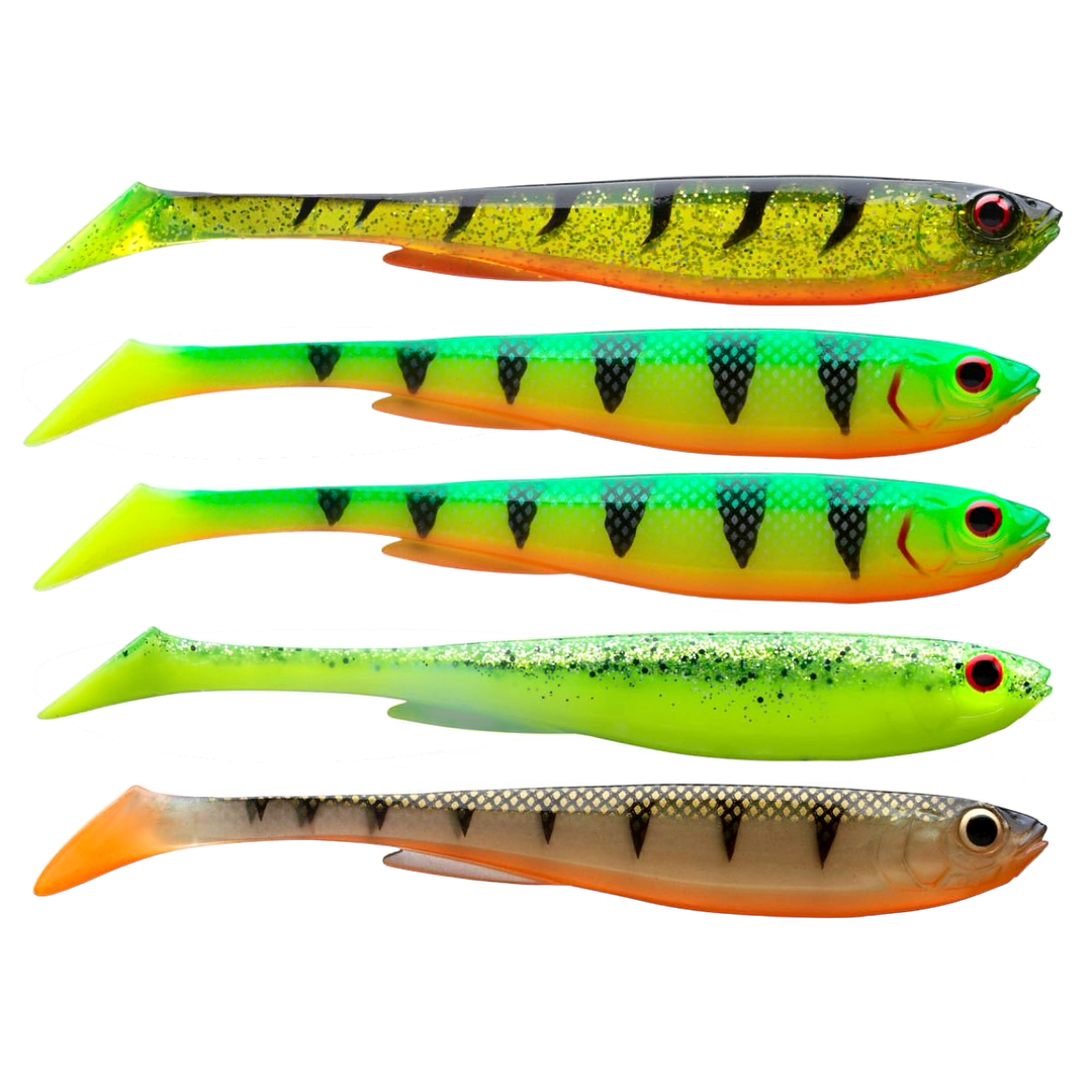 Daiwa Prorex Slim Shad Y 7.5cm Jigi Flash Color Set sivulta, pää oikealla
