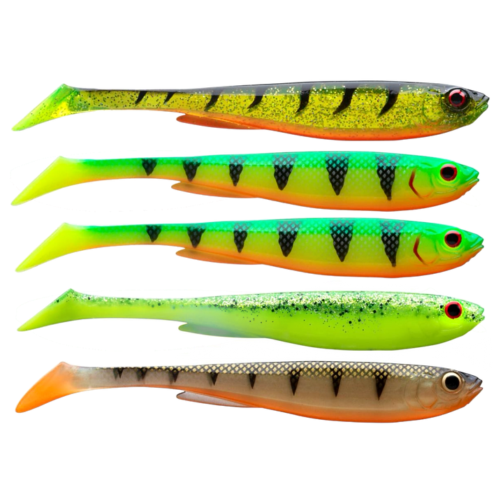 Daiwa Prorex Slim Shad Y 7.5cm Jigi Flash Color Set sivulta, pää oikealla