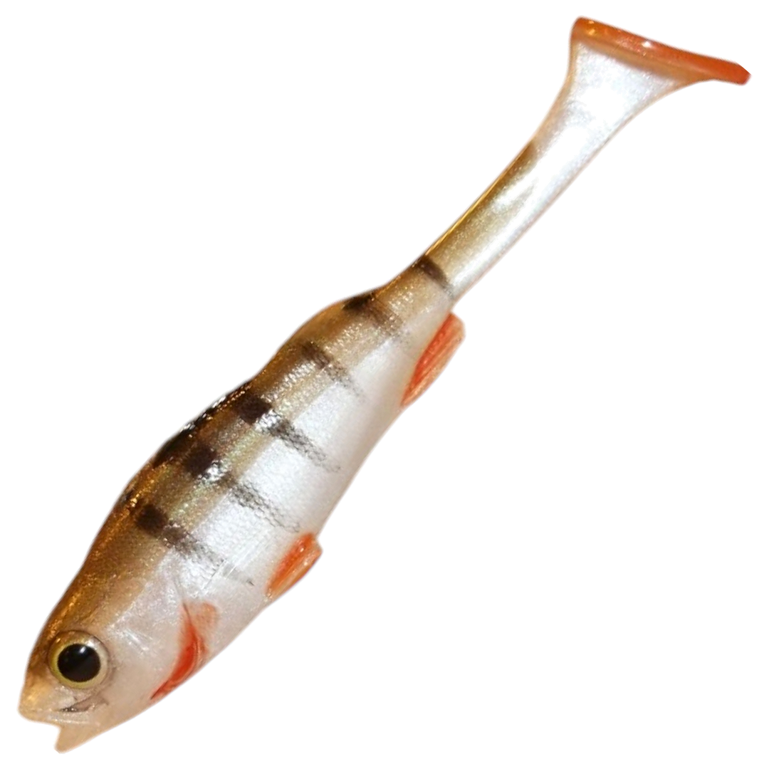 Dominator URSB Ahven Lapiopyrstö Jigi 8cm, väri ZP: tummat raidat, oranssit evät ja oranssi pyrstö