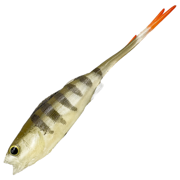 Dominator URSB Ahven V-pyrstö Jigi 11,5cm, väri VBZP: vihertävä selkä, mustat raidat ja oranssi pyrstö