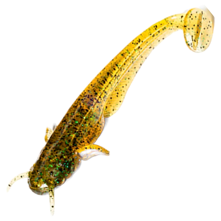 FishUp Catfish Jigi 3", väri Caramel/Green &amp; Black: läpikuultava kellanruskea runko sekä mustat ja vihreät hileet