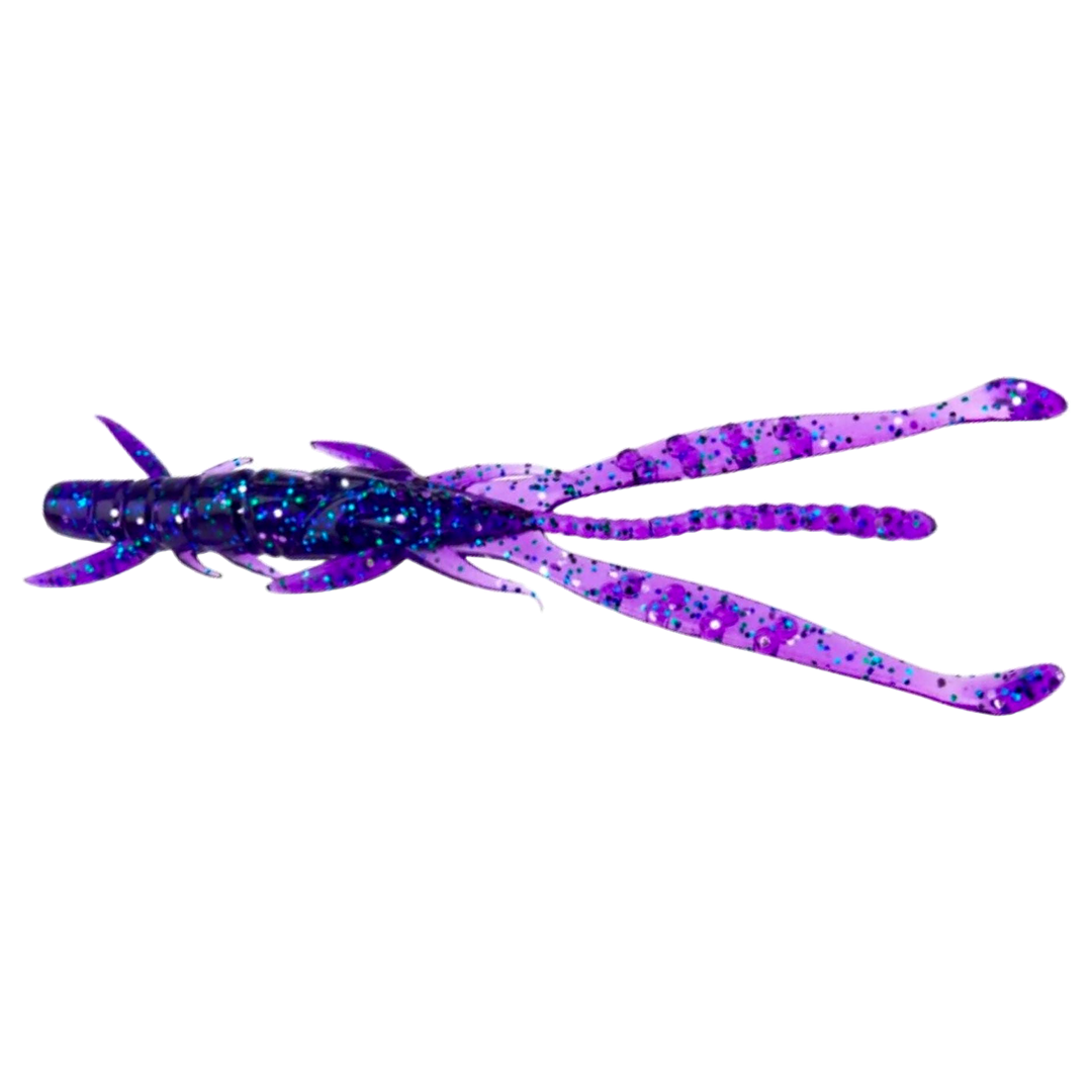 FishUp Shrimp Jigi 3" Dark violet/Peacock & Silver ylhäältä, pää oikealla