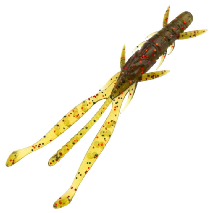 FishUp Shrimp Jigi 3", väri Green Pumpkin/Red &amp; Black: läpikuultava kellanruskea runko sekä punaiset ja mustat hileet