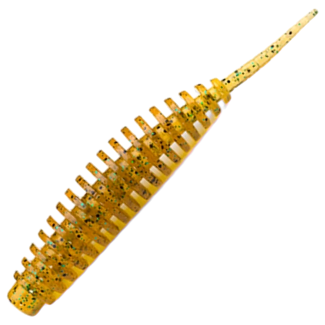 FishUp Tanta Jigi 3.5", väri Caramel/Green & Black: läpikuultava kellanruskea runko ja tummat hileet
