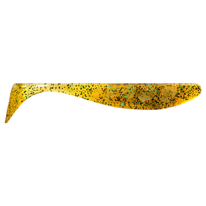 FishUp Wizzle Shad Jigi 2" Caramel/Green &amp; Black sivulta, pää oikealla