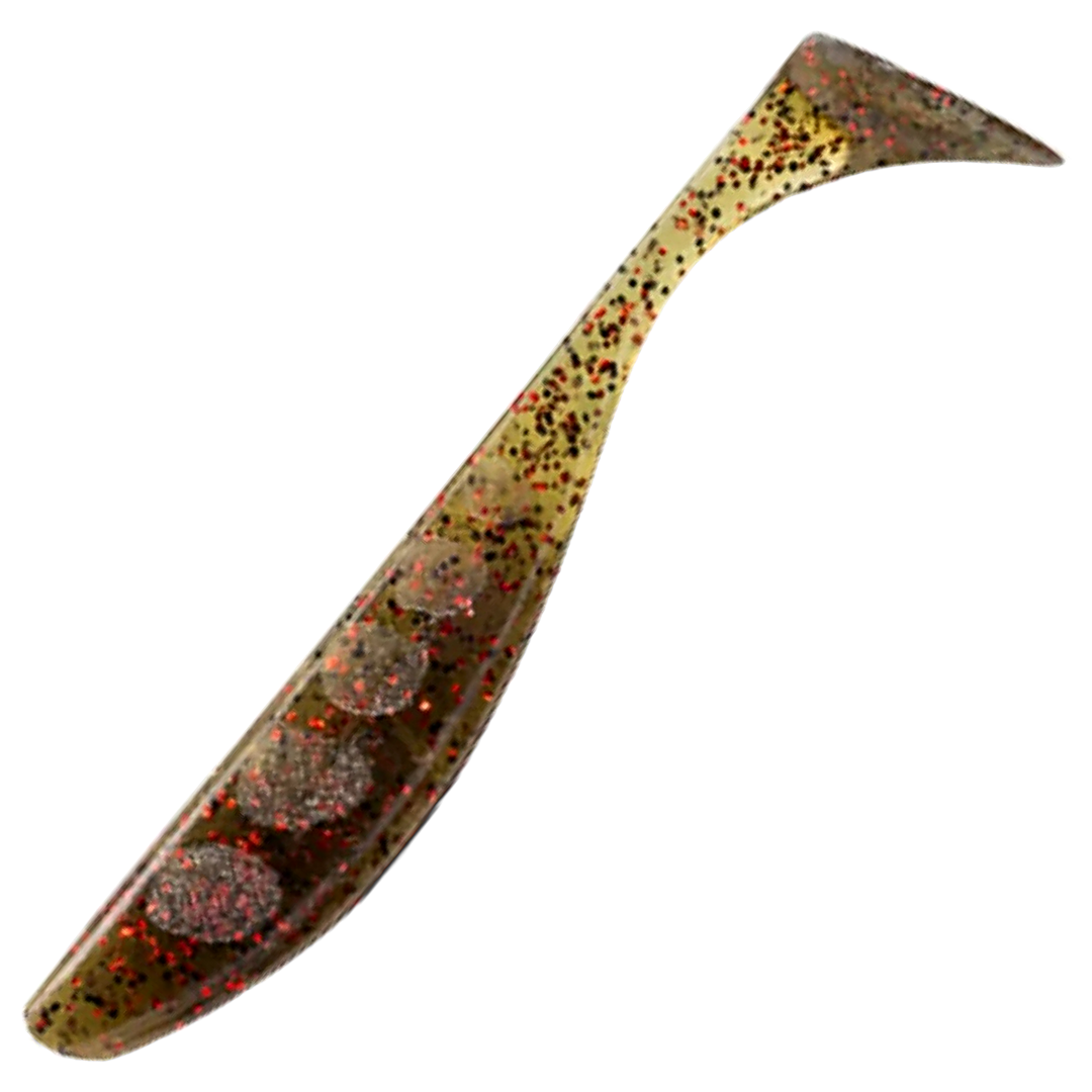 FishUp Wizzle Shad Jigi 2", väri Green Pumpkin/Red & Black: läpikuultava ruskea runko sekä punaiset ja mustat hileet