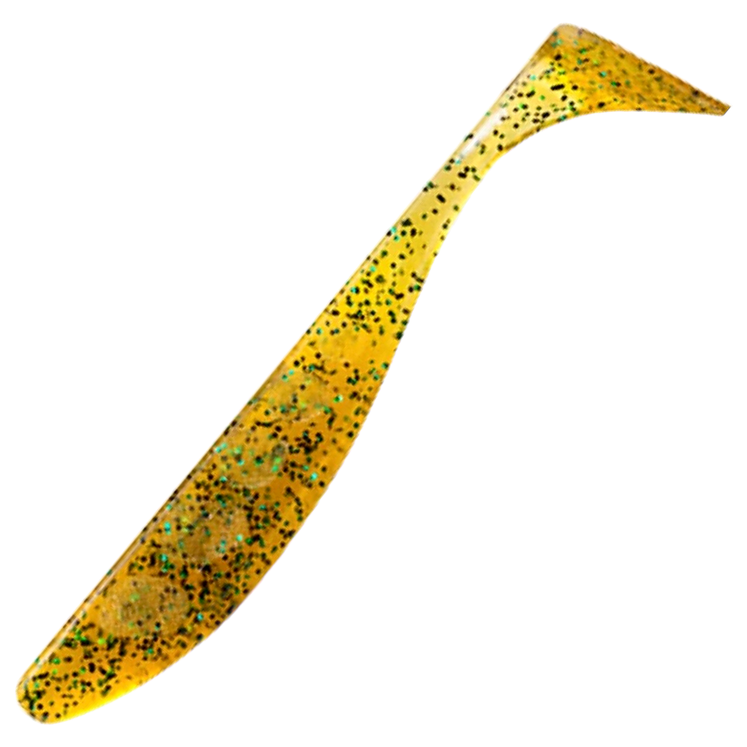 FishUp Wizzle Shad Jigi 3", väri Caramel/Green & Black: läpikuultava kellanruskea runko sekä vihreät ja mustat hileet