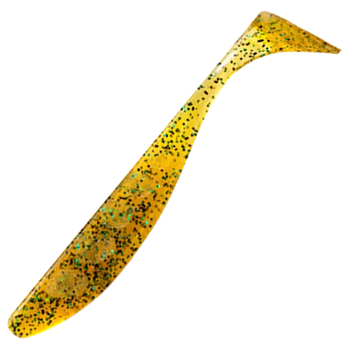 FishUp Wizzle Shad Jigi 3", väri Caramel/Green &amp; Black: läpikuultava kellanruskea runko sekä vihreät ja mustat hileet