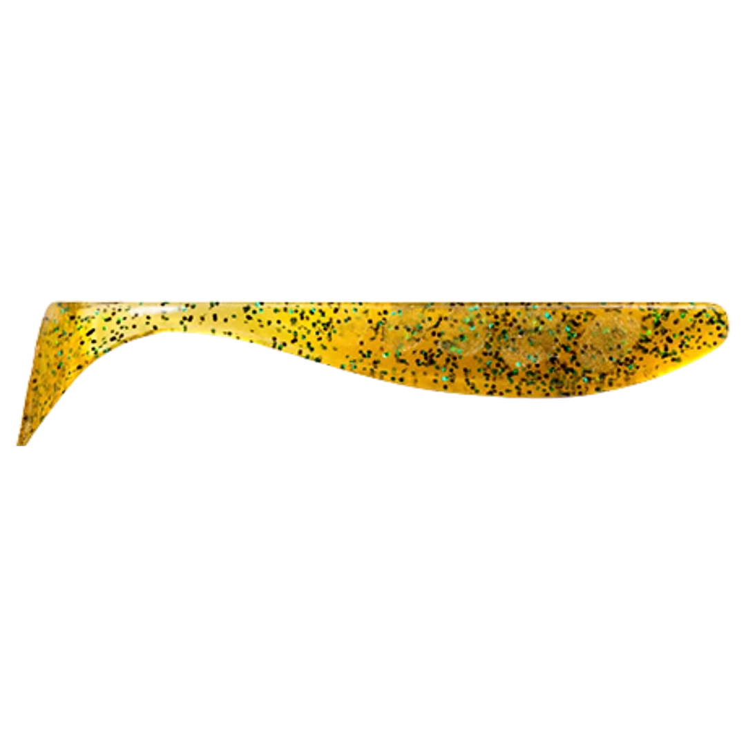 FishUp Wizzle Shad Jigi 3" Caramel/Green & Black sivulta, pää oikealla
