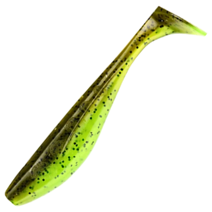 FishUp Wizzle Shad Jigi 3", väri Green Pumpkin/Chartreuse: tummanvihreä selkä ja kellanvihreä vatsa