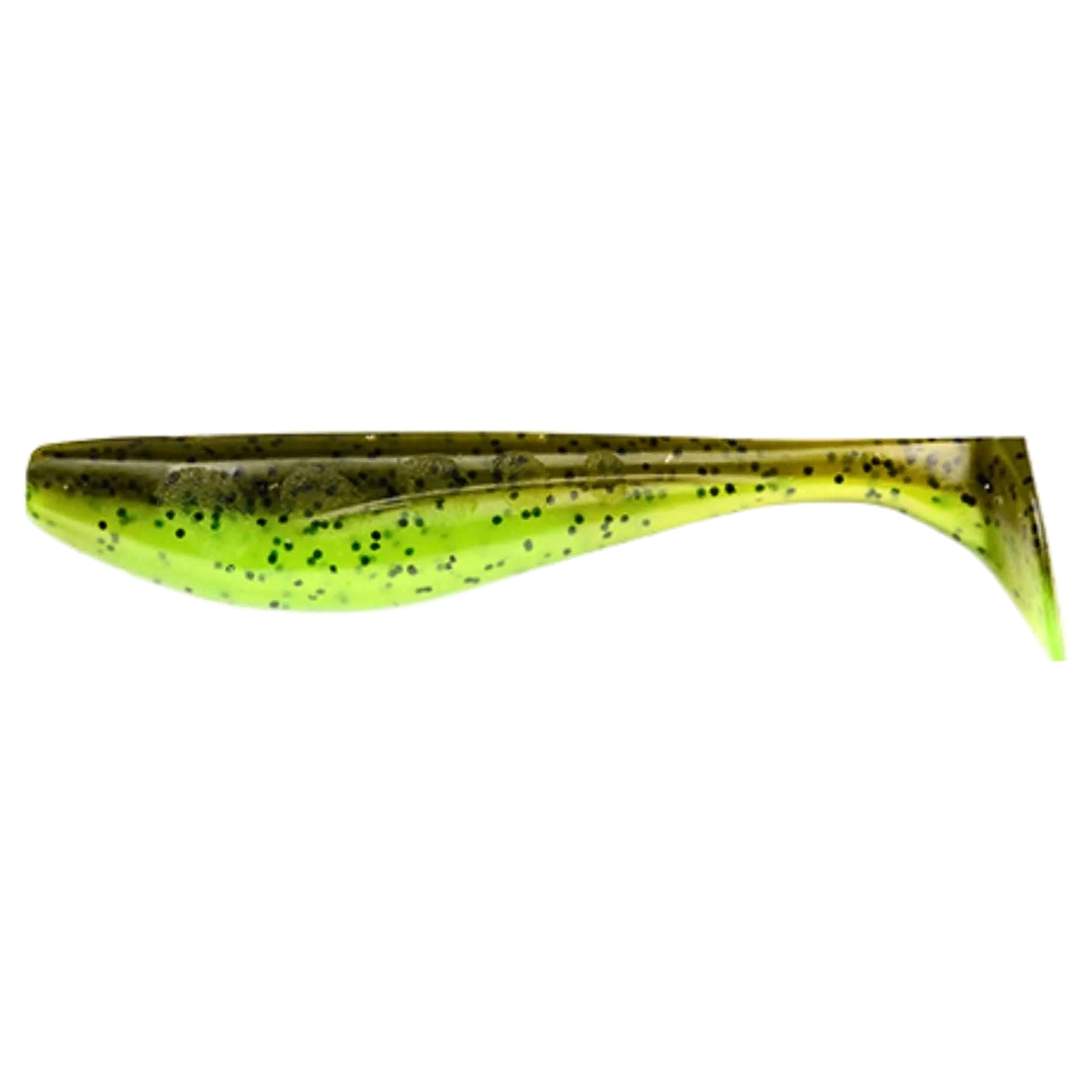FishUp Wizzle Shad Jigi 3" Green Pumpkin/Chartreuse sivulta, pää vasemmalla