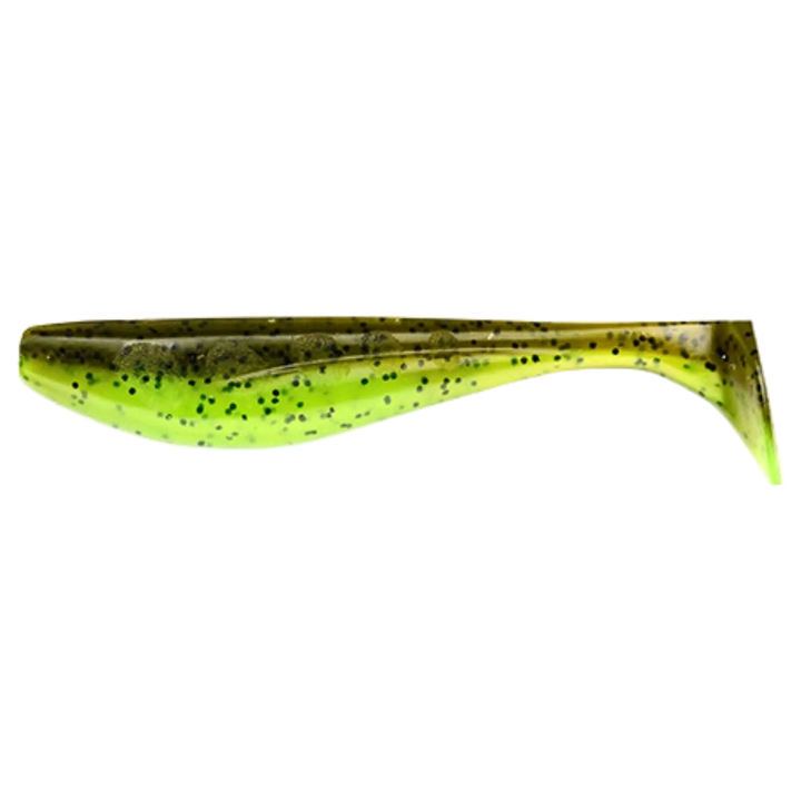 FishUp Wizzle Shad Jigi 3" Green Pumpkin/Chartreuse sivulta, pää vasemmalla