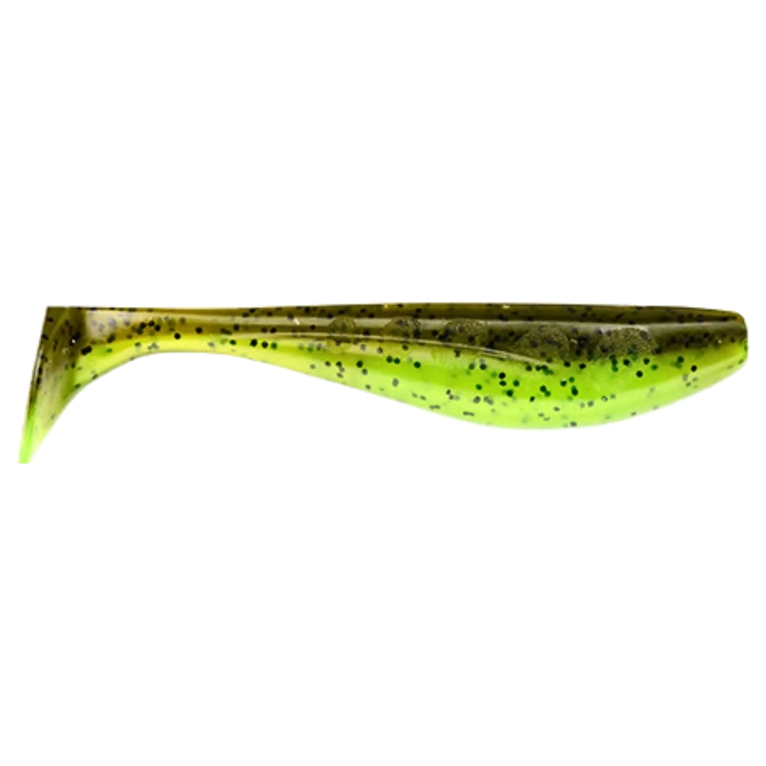 FishUp Wizzle Shad Jigi 3" Green Pumpkin/Chartreuse sivulta, pää oikealla