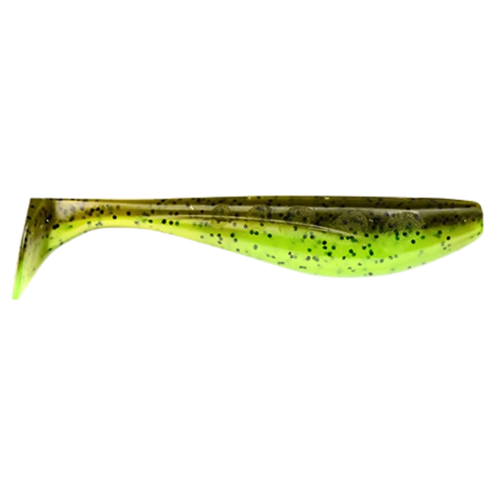 FishUp Wizzle Shad Jigi 3" Green Pumpkin/Chartreuse sivulta, pää oikealla