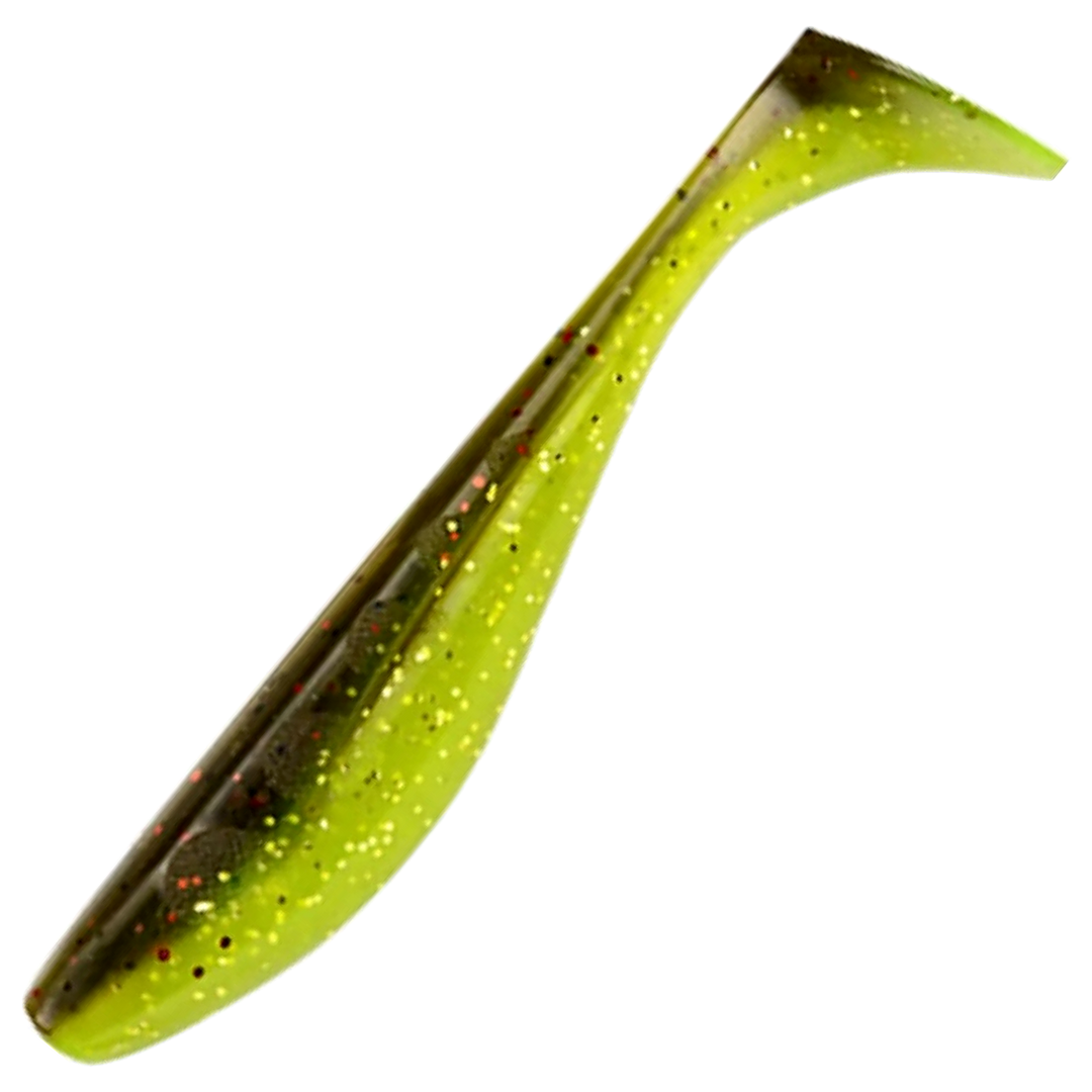 FishUp Wizzle Shad Jigi 3", väri Green Pumpkin/Flo Chartreuse: oliivinvihreä selkä ja kellanvihreä vatsa