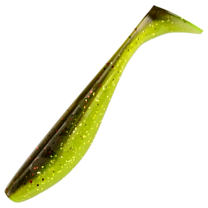FishUp Wizzle Shad Jigi 3", väri Green Pumpkin/Flo Chartreuse: oliivinvihreä selkä ja kellanvihreä vatsa