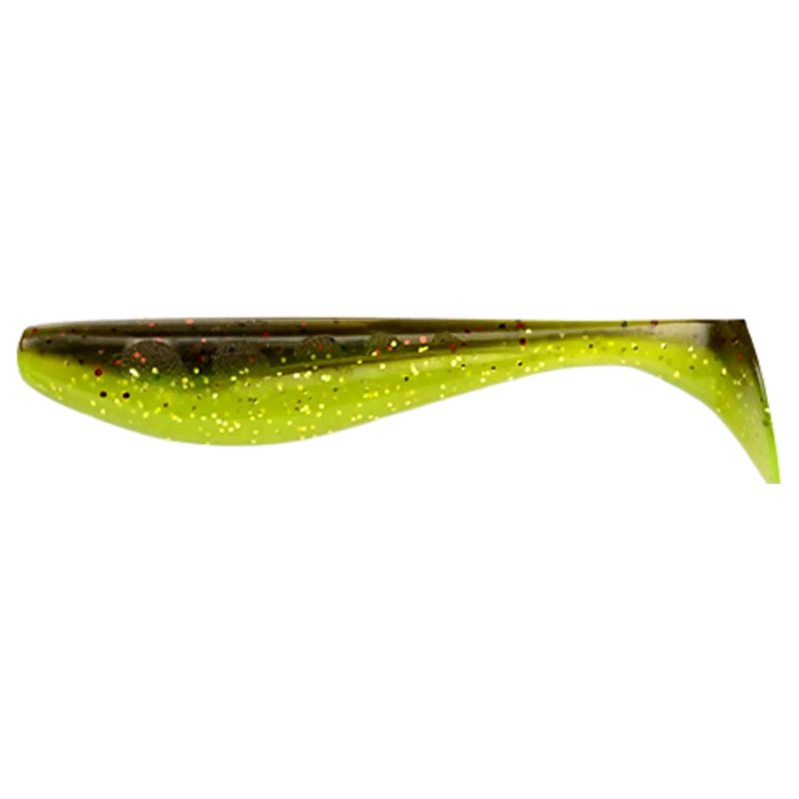 FishUp Wizzle Shad Jigi 3" Green Pumpkin/Flo Chartreuse sivulta, pää vasemmalla