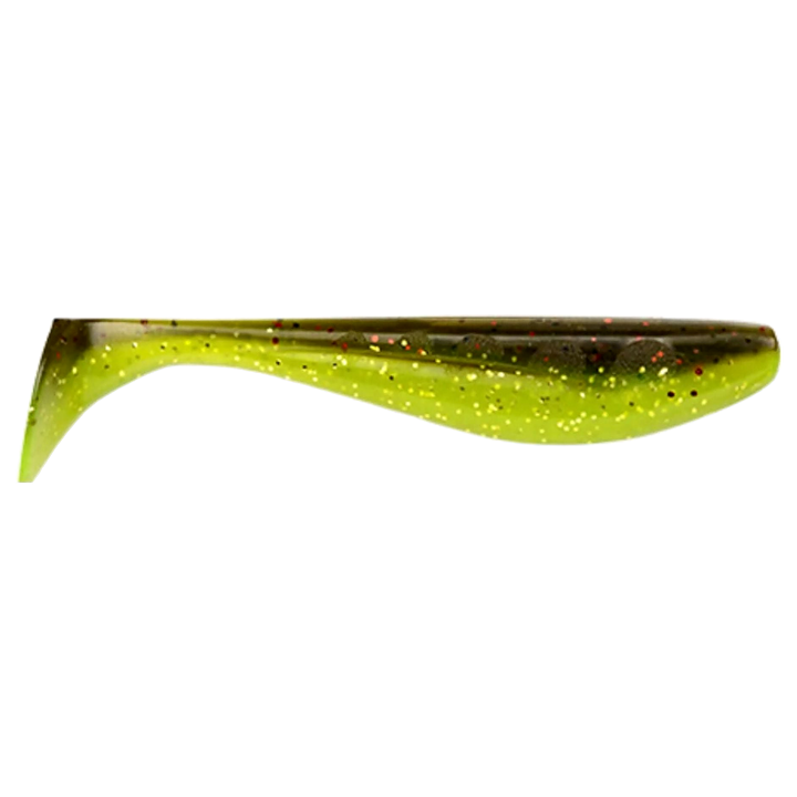 FishUp Wizzle Shad Jigi 3" Green Pumpkin/Flo Chartreuse sivulta, pää oikealla