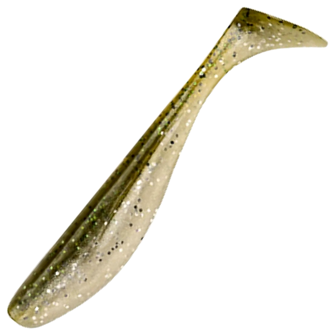 FishUp Wizzle Shad Jigi 3", väri Green Pumpkin/Pearl: oliivinvihreä selkä ja helmenvalkoinen vatsa