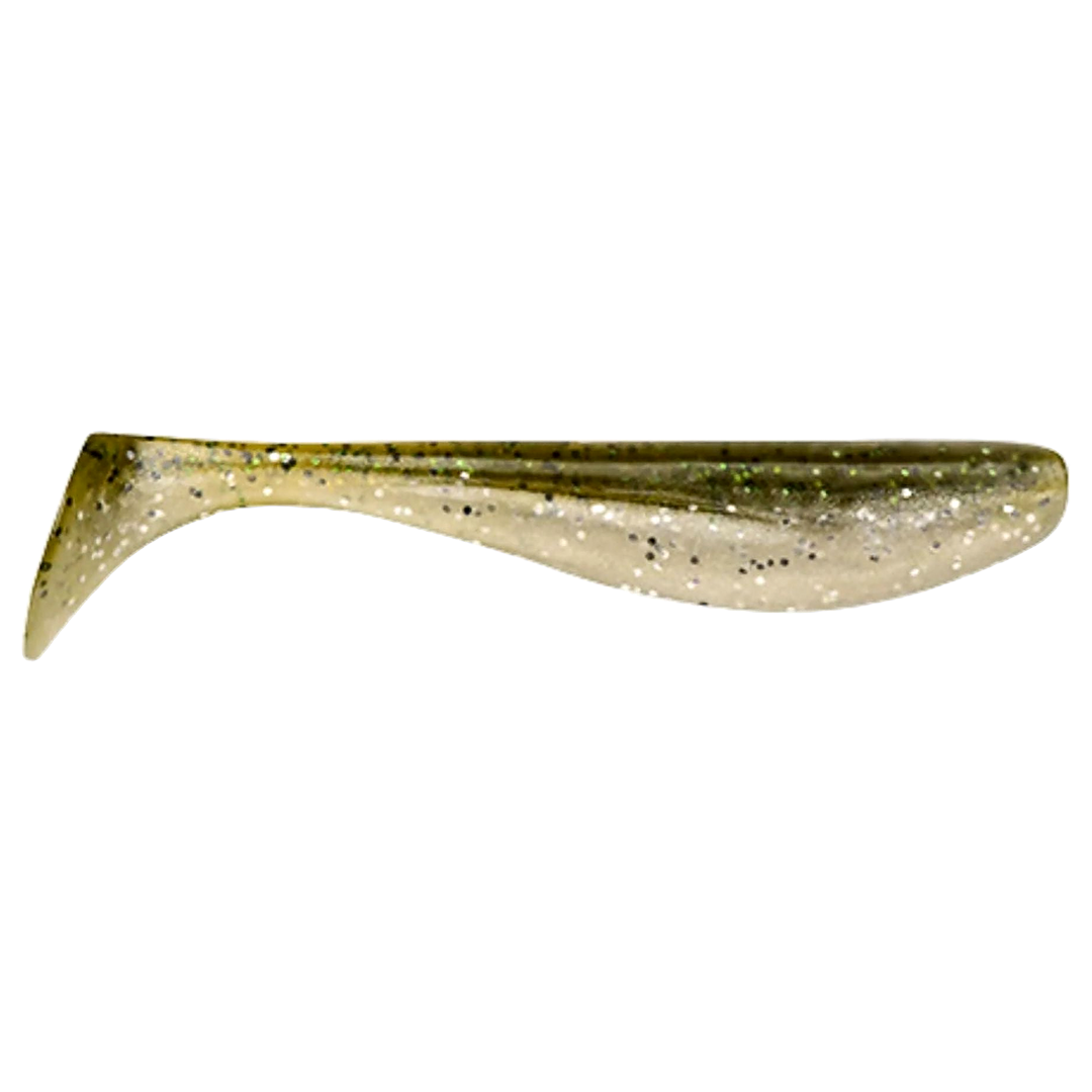 FishUp Wizzle Shad Jigi 3" Green Pumpkin/Pearl sivulta, pää oikealla