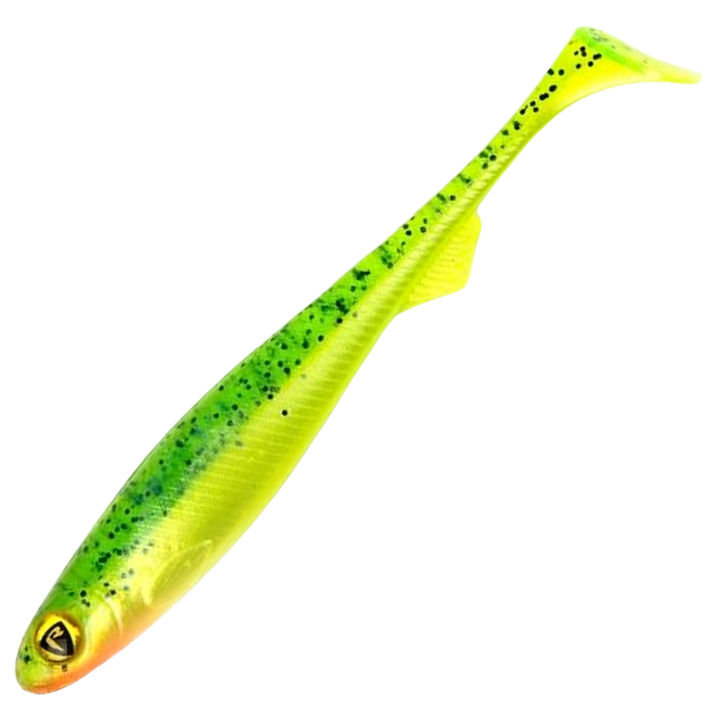 Fox Rage Slick Shad Jigi 11cm, väri Lemontiger: kellanvihreä runko ja tummat raidat