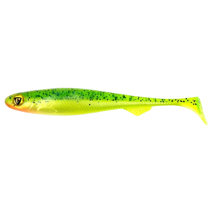 Fox Rage Slick Shad Jigi 11cm Lemontiger sivulta, pää vasemmalla
