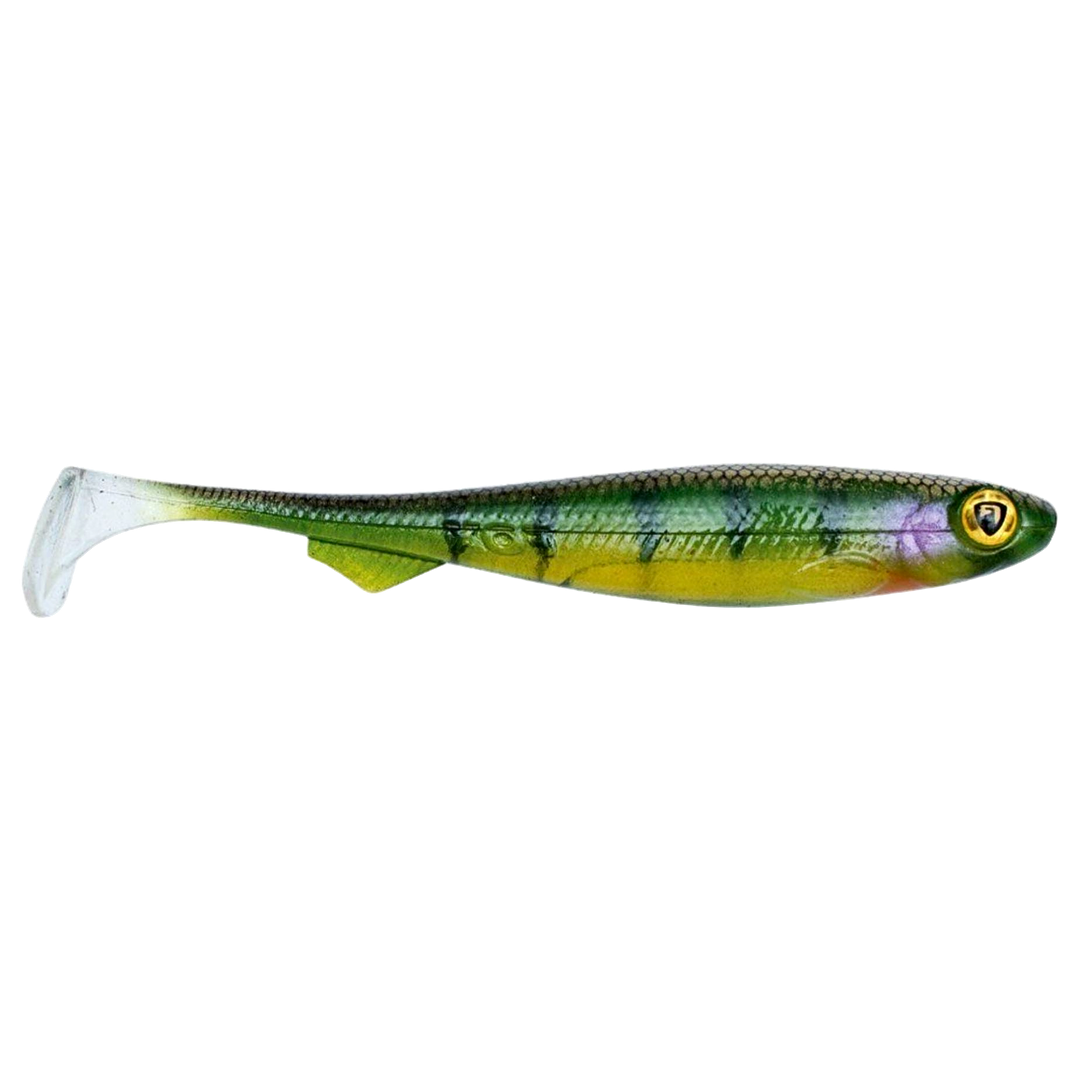 Fox Rage Slick Shad Jigi 11cm UV Stickleback sivulta, pää oikealla