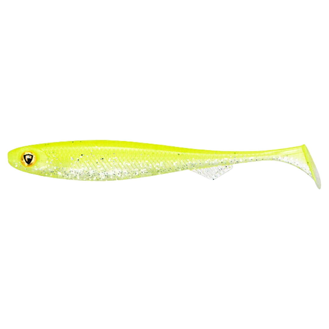 Fox Rage Slick Shad Jigi 13cm UV Chartreuse AYU sivulta, pää vasemmalla
