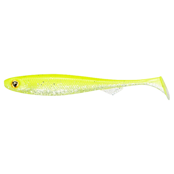 Fox Rage Slick Shad Jigi 13cm UV Chartreuse AYU sivulta, pää vasemmalla
