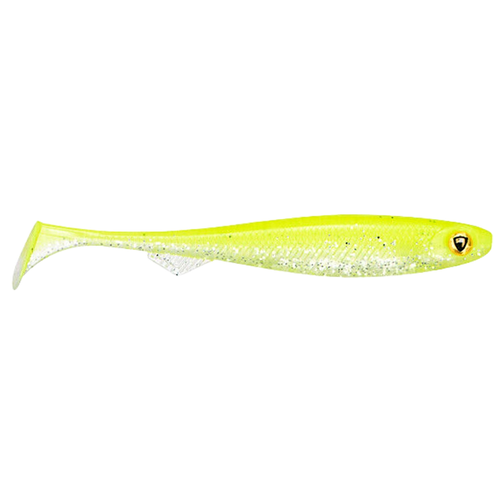Fox Rage Slick Shad Jigi 13cm UV Chartreuse AYU sivulta, pää oikealla