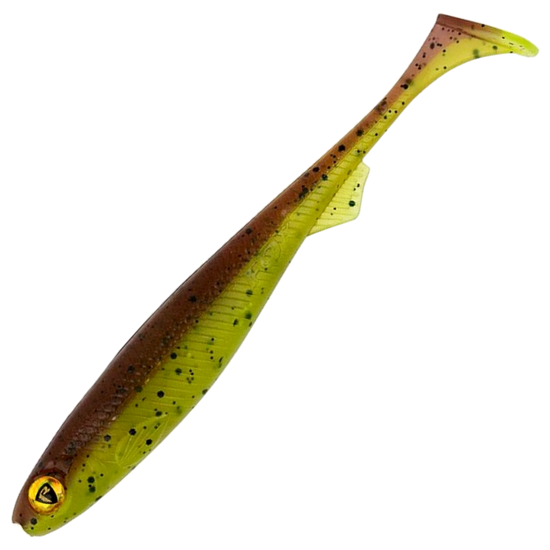 Fox Rage Slick Shad Jigi 13cm, väri UV Green Pumpkin: tummanruskea selkä ja oliivinvihreä vatsa