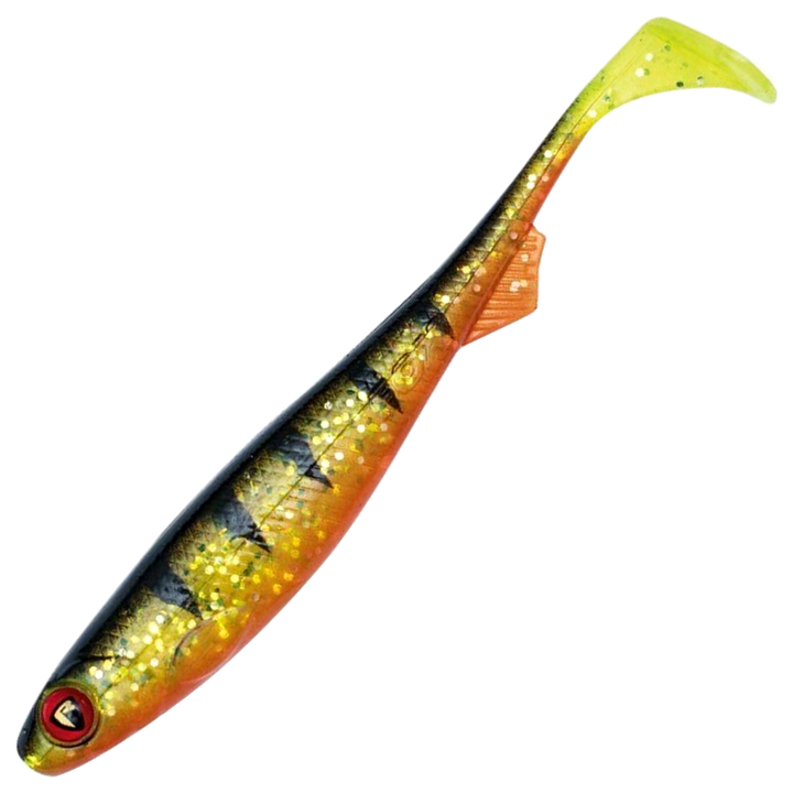 Fox Rage Slick Shad Jigi 13cm, väri UV Perch: tumma selkä, tummat raidat, oranssi vatsa ja keltainen pyrstö
