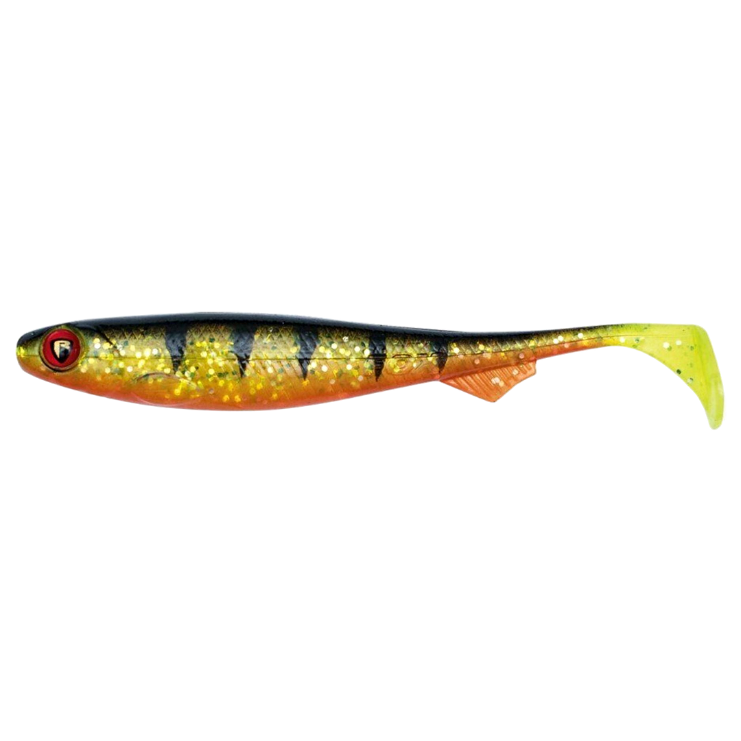 Fox Rage Slick Shad Jigi 13cm UV Perch sivulta, pää vasemmalla