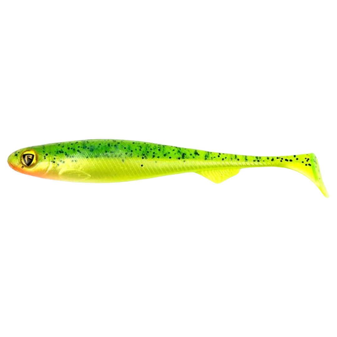 Fox Rage Slick Shad Jigi 7cm Lemon Tiger sivulta, pää vasemmalla