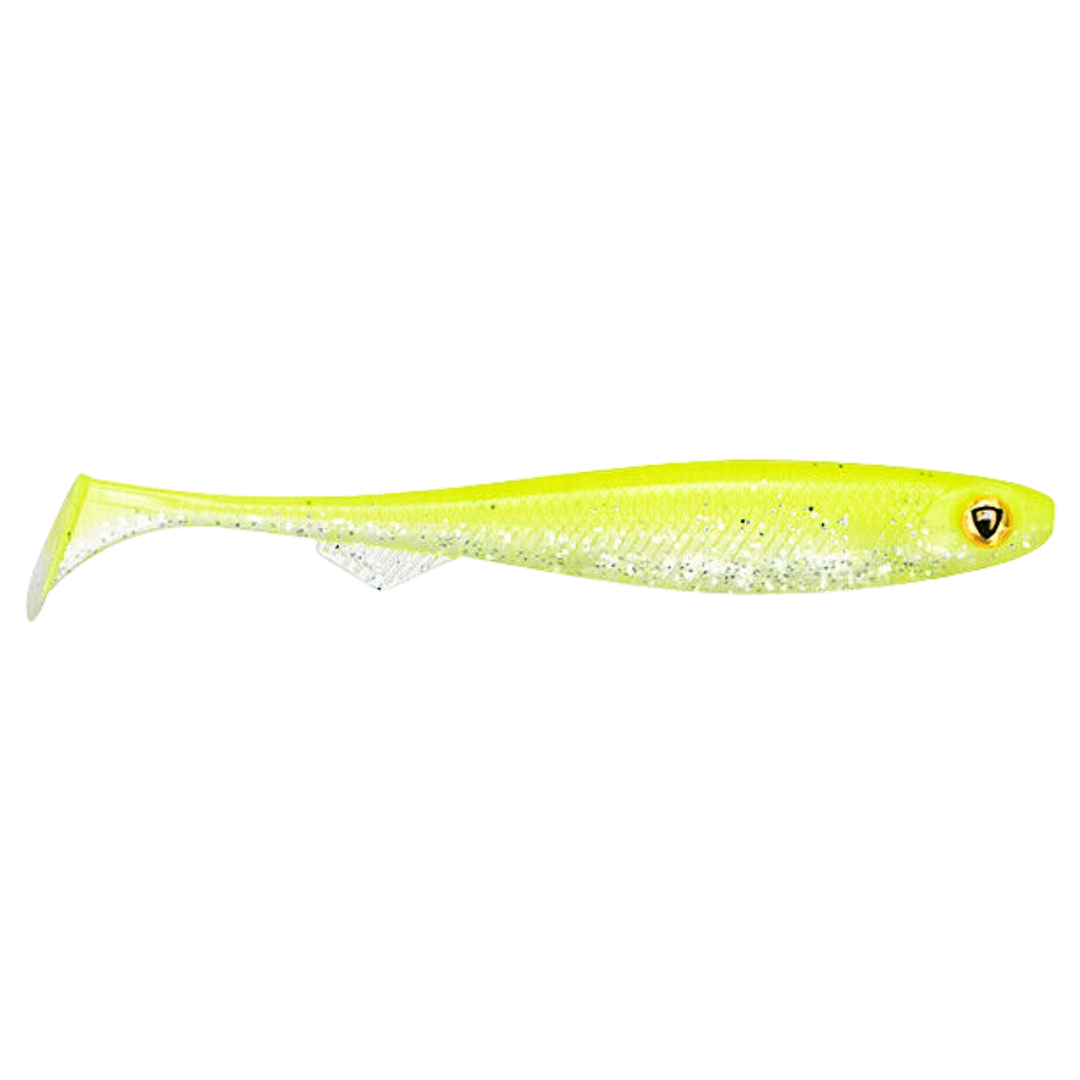 Fox Rage Slick Shad Jigi 7cm UV Chartreuse sivulta, pää oikealla