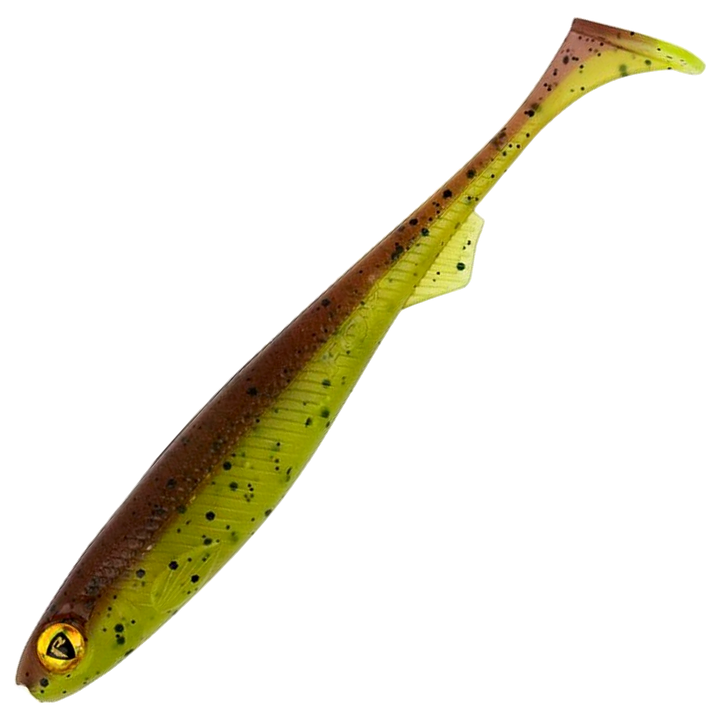 Fox Rage Slick Shad Jigi 7cm, väri UV Green Pumpkin: tummanruskea selkä ja oliivinvihreä vatsa