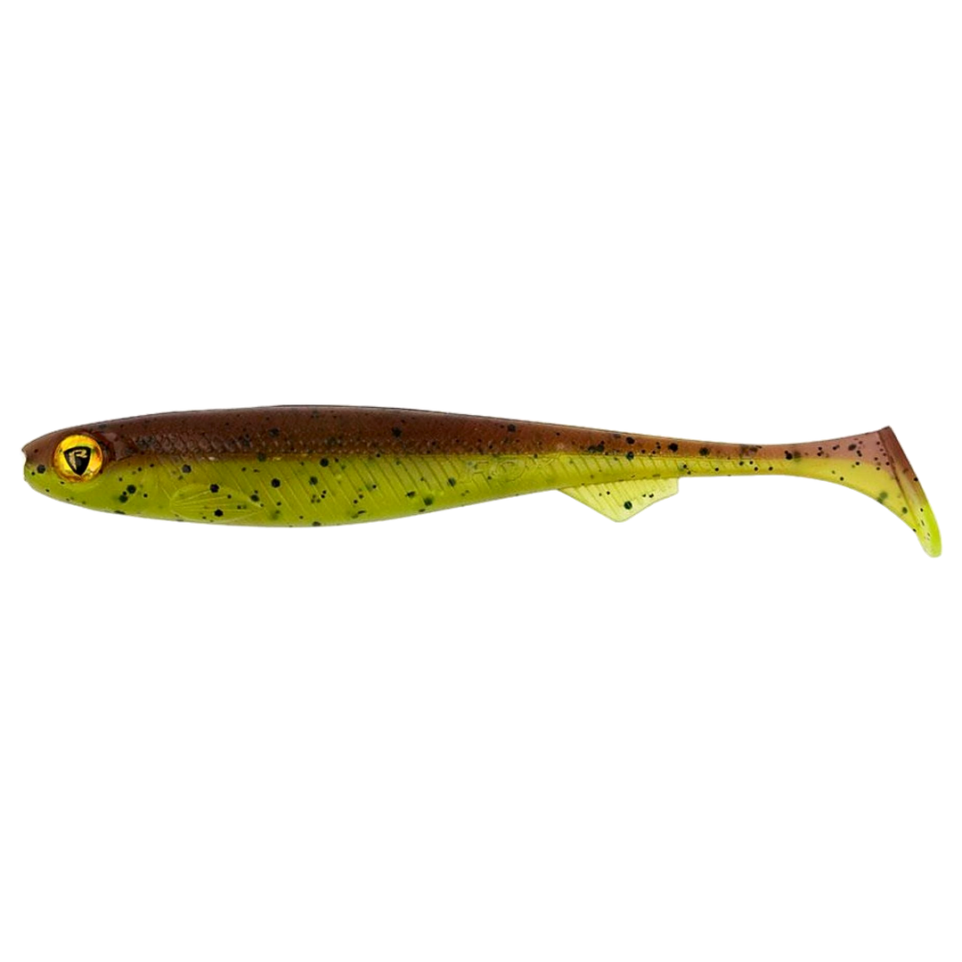 Fox Rage Slick Shad Jigi 7cm UV Green Pumpkin sivulta, pää vasemmalla