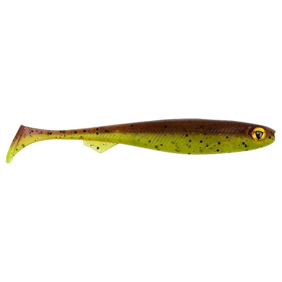 Fox Rage Slick Shad Jigi 7cm UV Green Pumpkin sivulta, pää oikealla