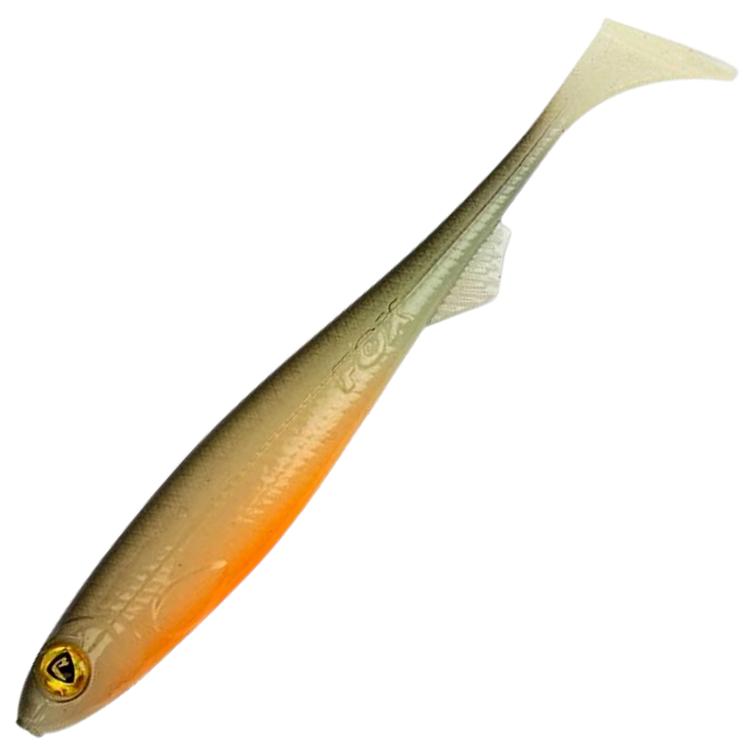 Fox Rage Slick Shad Jigi 7cm, väri UV Hot Olive: oliivinharmaa selkä ja oranssi vatsa