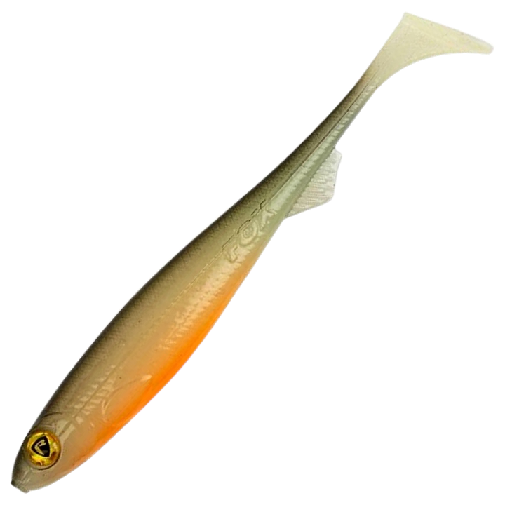 Fox Rage Slick Shad Jigi 7cm, väri UV Hot Olive: oliivinharmaa selkä ja oranssi vatsa