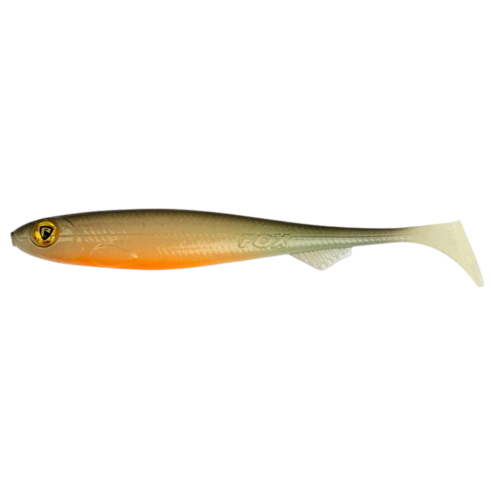 Fox Rage Slick Shad Jigi 7cm UV Hot Olive sivulta, pää vasemmalla