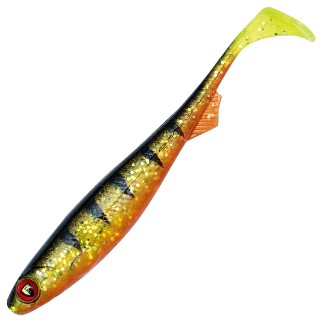 Fox Rage Slick Shad Jigi 7cm, väri UV Perch: tumma selkä, tummat raidat, oranssi vatsa ja keltainen pyrstö